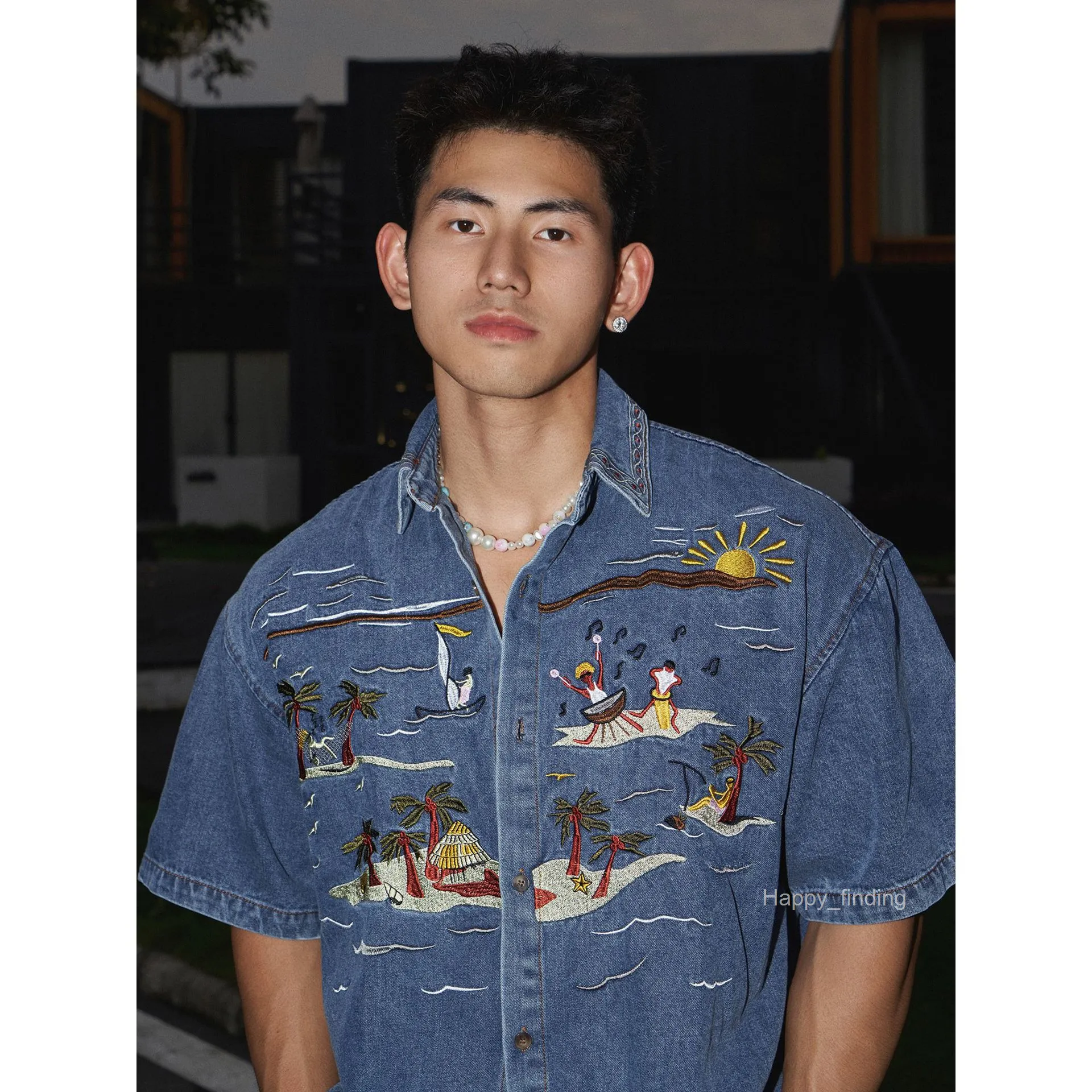 Boy Denim Shirts Fashion Mens Embroidered Denim Shirt, Short