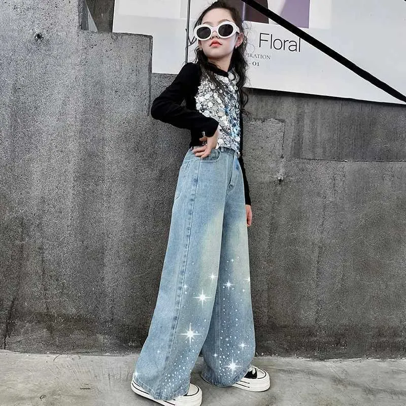 2024 Rhinestone Glitter Wide Leg baggy jeans for Girls