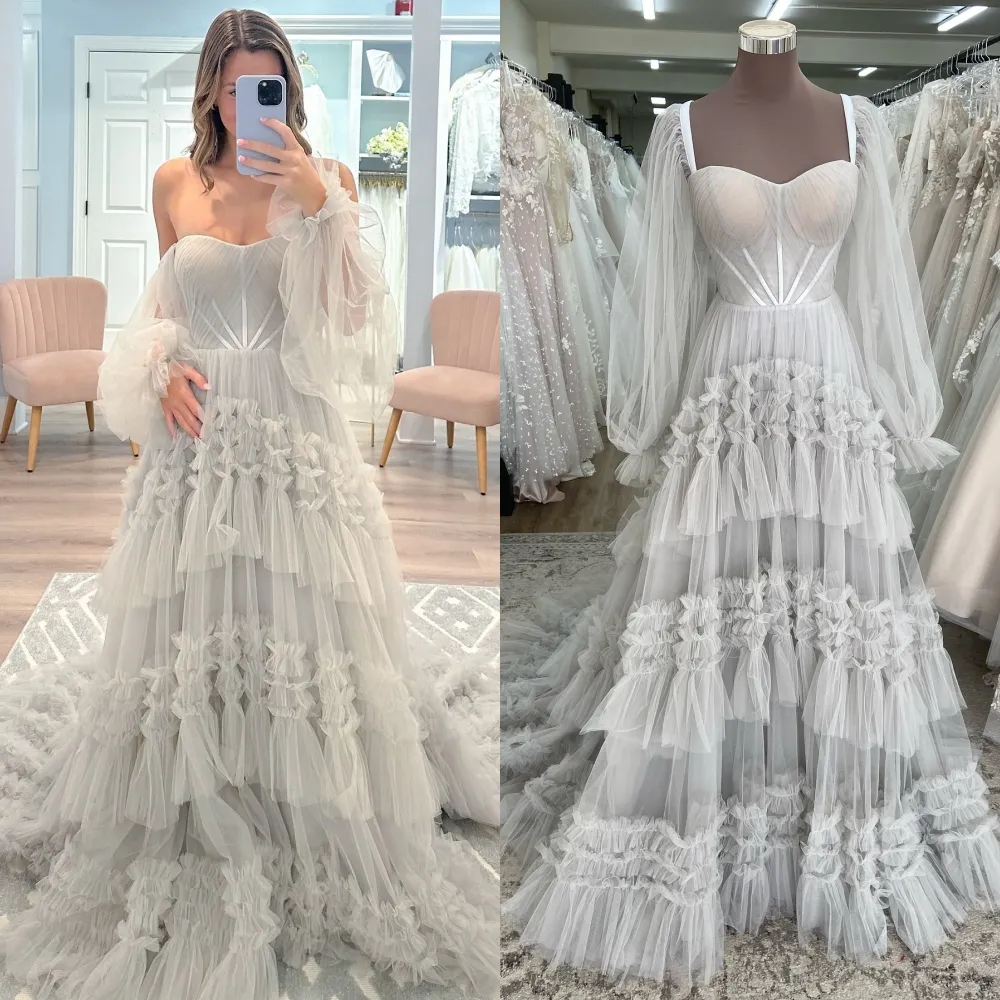 Pretty Bubble Sleeves Crepe Tulle Boho Wedding Dress main image 1