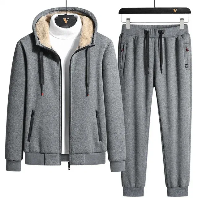 Mens Velour Tracksuit: Warm Winter Fleece Two Piece Set Thick