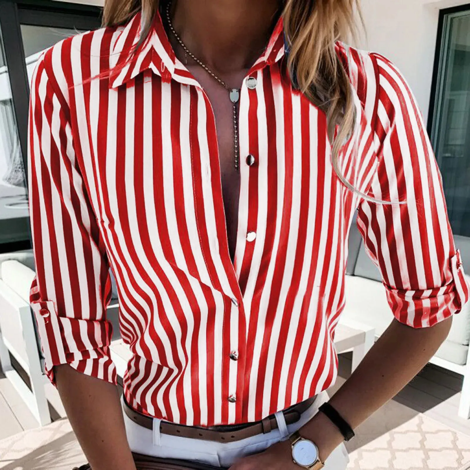 Puntoco Moda Mujer Cuello Redondo Botones Impresos Manga Larga Dobladillo Asimétrico Top Puntoco
