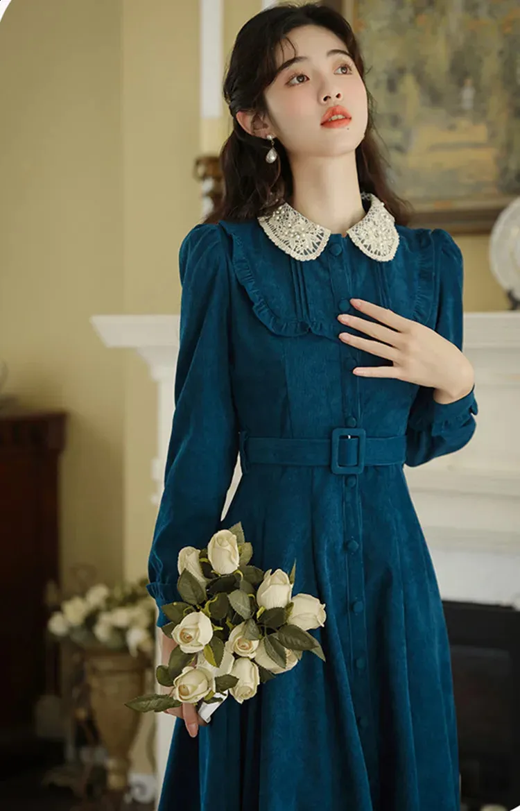 white christmas dresses Peter Pan Embellished Collar Denim Dress – FAABIIANA PRRET main image 1