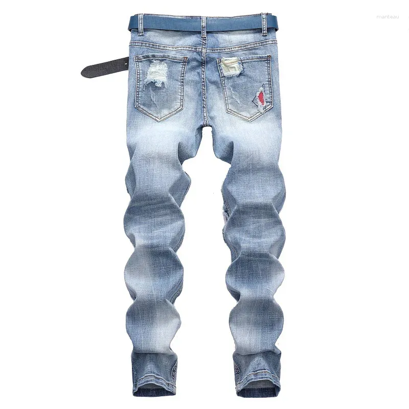 Jeans da uomo personalizzati strappati blu chiaro streetwear elasticizzati dritti slim fit casual pantaloni da motociclista in denim da uomo_voghion.com