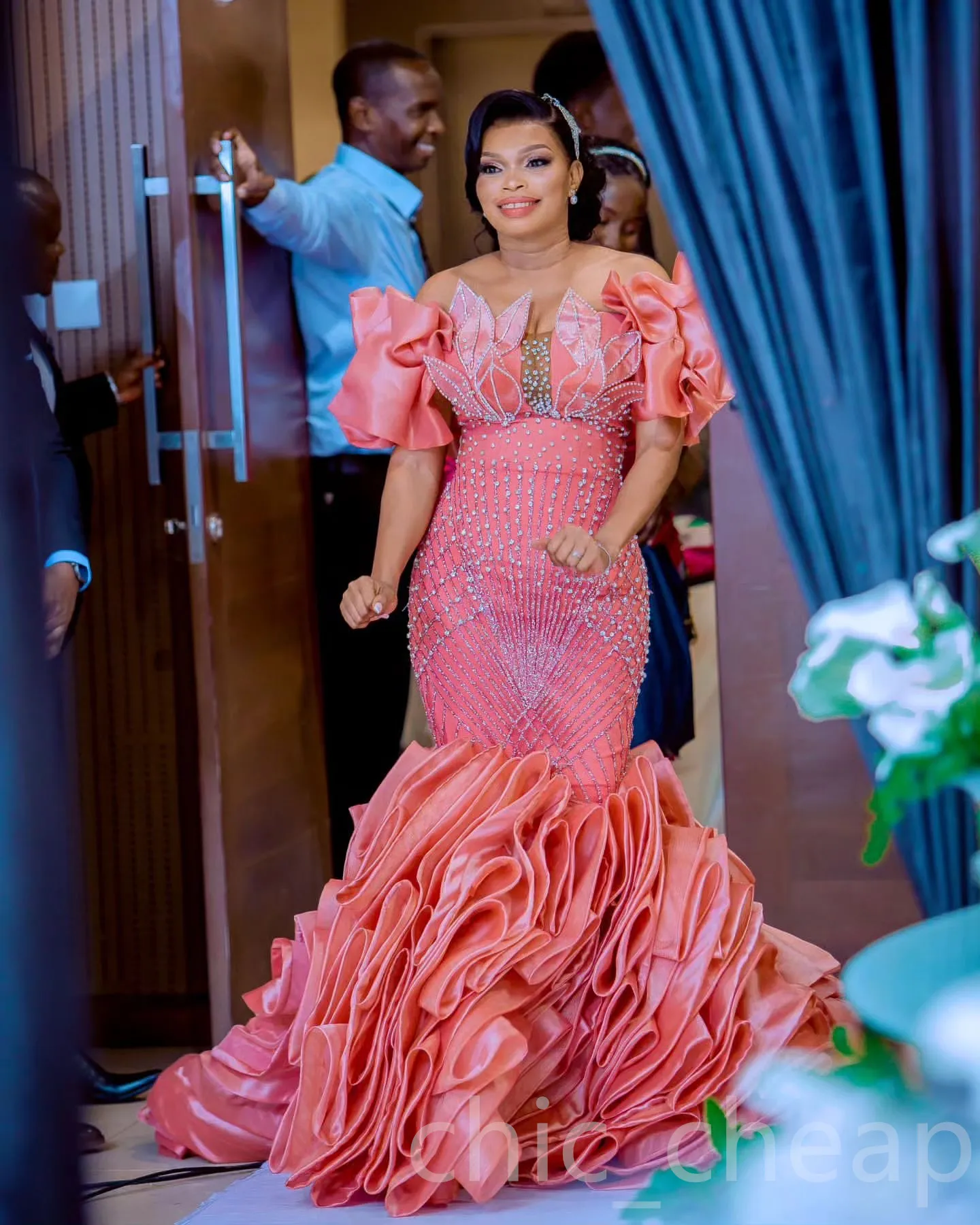 African Aso Ebi Watermelon Mermaid Prom Dress with Rhinestones and Tiered  Organza for Special Occasions