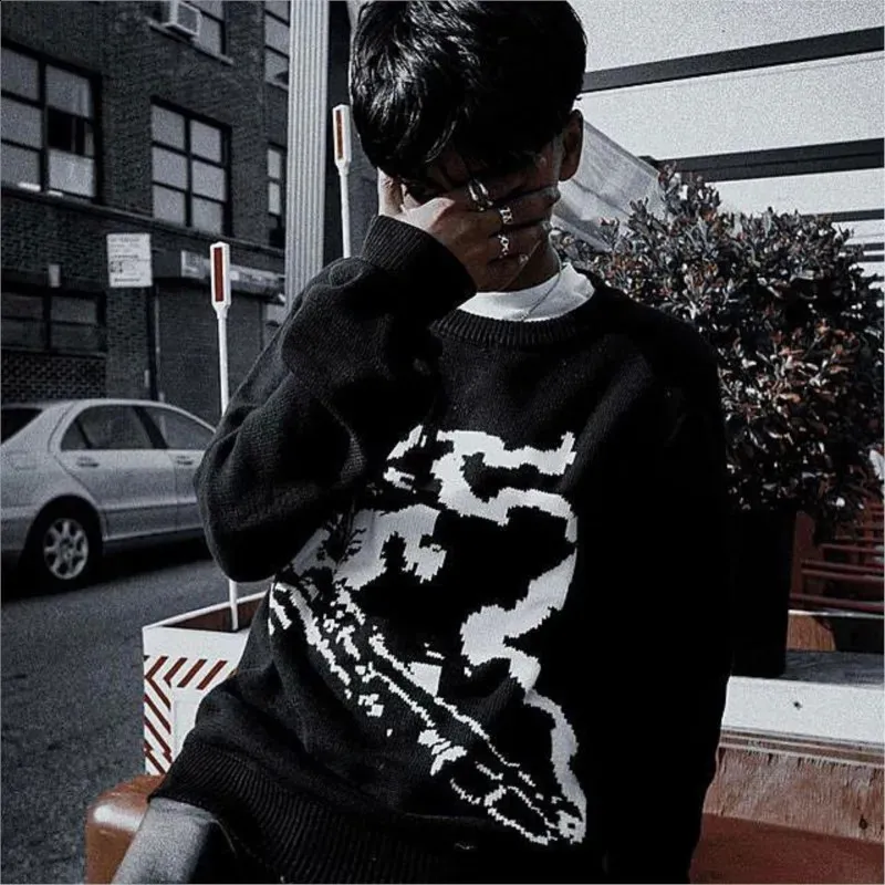 Y2K Oversized Knit Sweater – Fairy Grunge Hip Hop Pullover – Gothic Fairycore Graphic Streetwear Top For Women, White