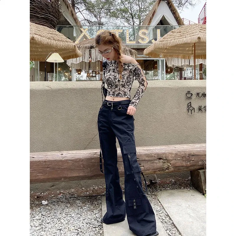 Gothic Flare Pants: Black Cargo Harajuku Y2K 90s Emo Trousers from