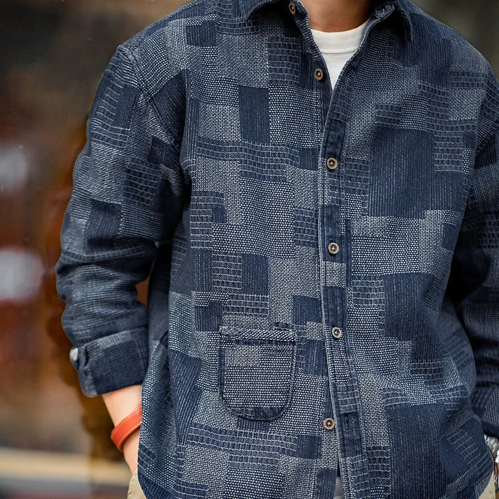 Japanese Retro Boro Denim Men's flannel shirt jacket