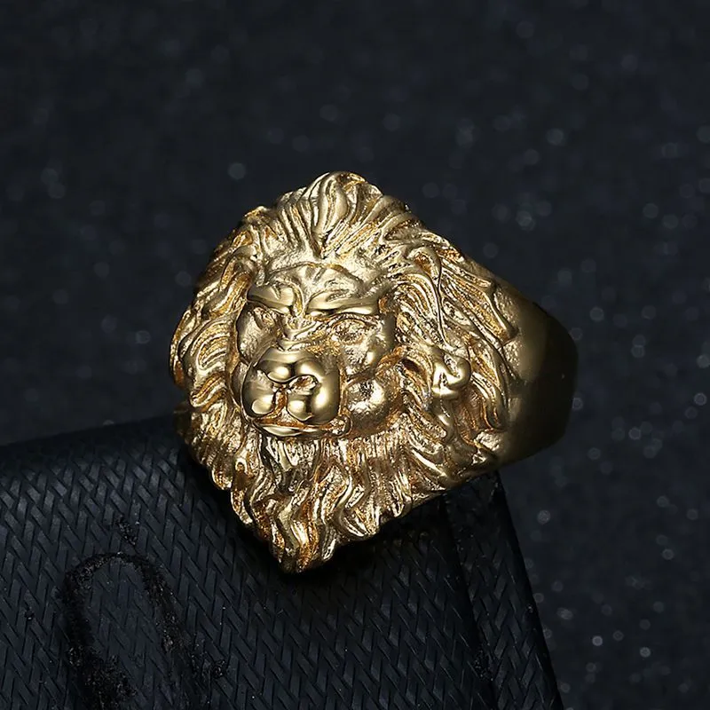 Men's 10k Yellow Gold Lion Head Ring - Textured Band, Size 5
