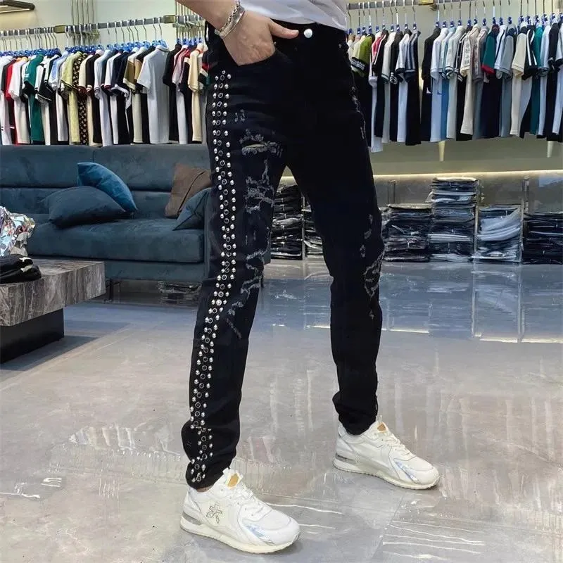 Black Rhinestone Stretch Denim Black Diamond Notion Pants For Men Elastic Slim Fit With Rivet Detailing Streetwear 2021 From Puchijun 67.03 DHgate.Com
