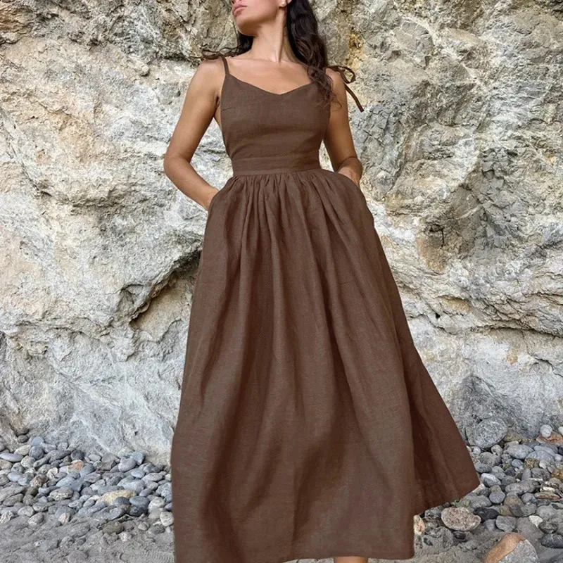 Elegant Brown Dress with Invisible Pocket for Women