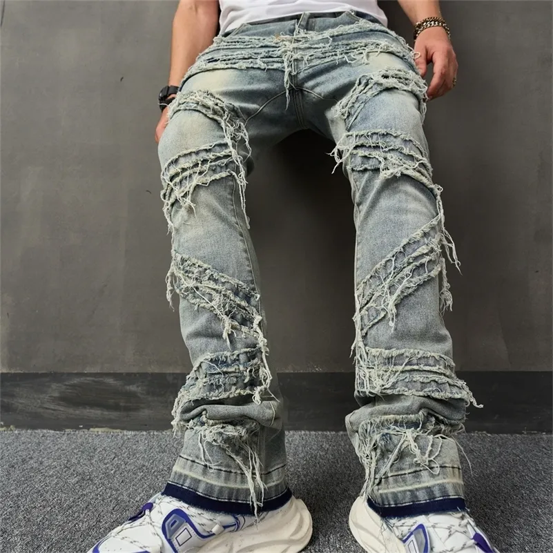 Vintage Stretch Ripped Skinny Blue Denim Jeans for Men