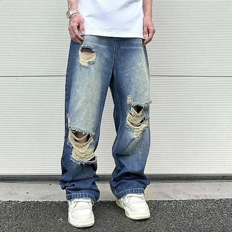 Men's Hip Hop Washed Knee Hole Baggy baggy jeans with Men's Hip Hop Washed Knee Hole Baggy baggy jeans with