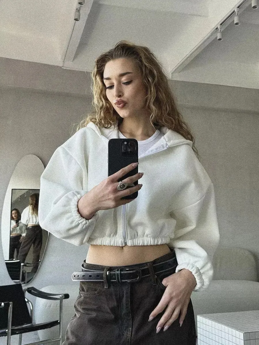 Women's Fall Zipper cropped hoodie jacket - Y2K Solid