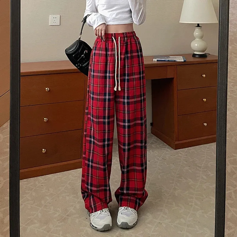 Womens Y2K High Waist Loose Straight Leg Plaid Pants Casual