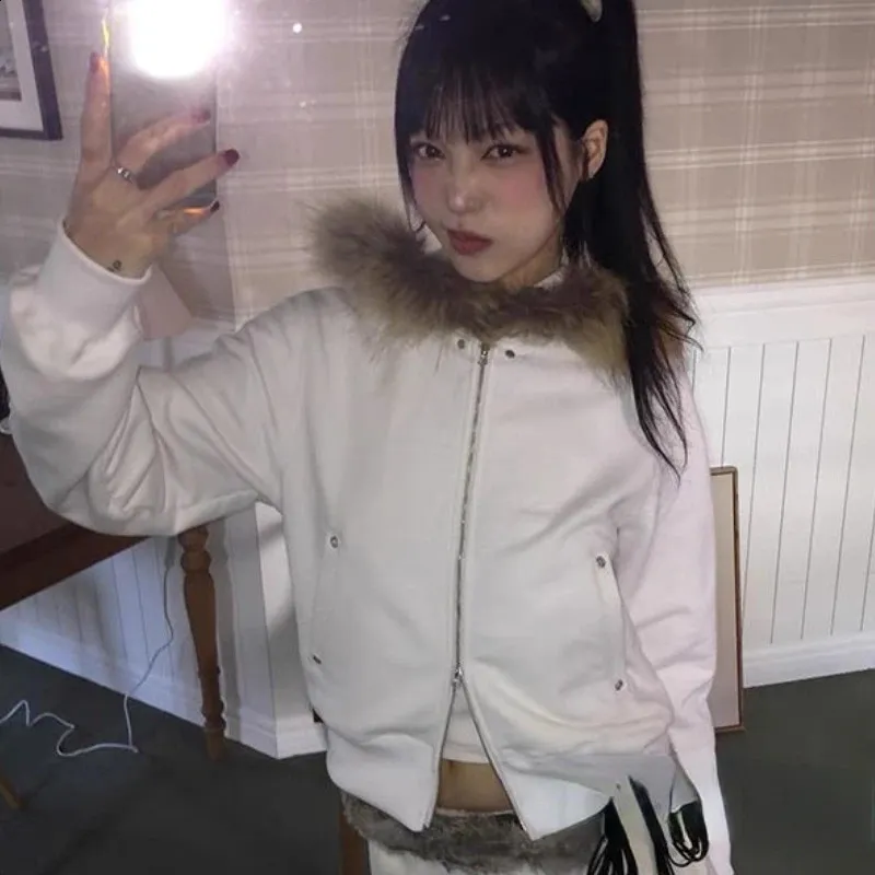 Retro Grunge Patchwork Fur Hoodie: Double Zipper Y2k Aesthetic