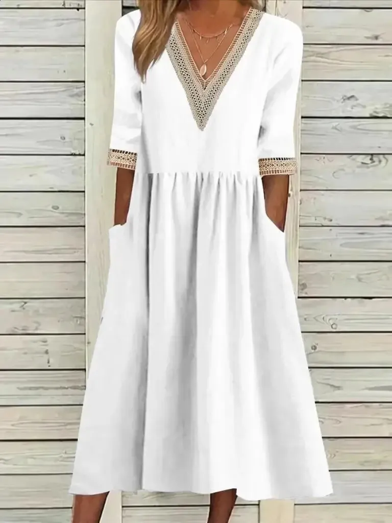 midi cotton a line dress Pink Plus Size Floral Half Button Short Puff Sleeve A-line Dress main image 1