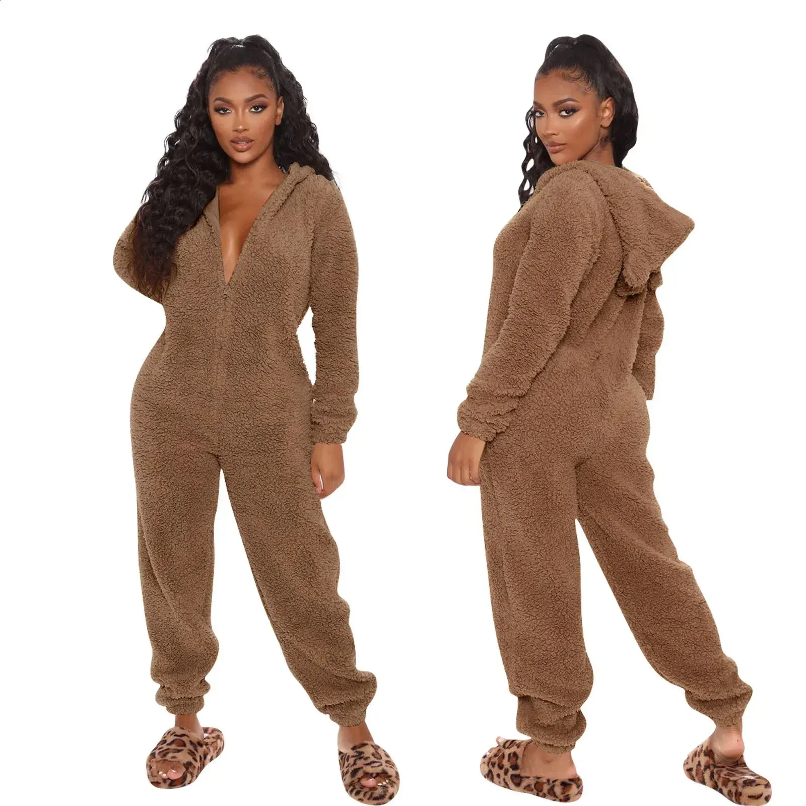 Womens Hooded Plush Jumpsuit Fleece Long Sleeve Streetwear Jump Suit For Autumn Winter Home Wear 240821 From Leonorastore 31.59 DHgate.Com