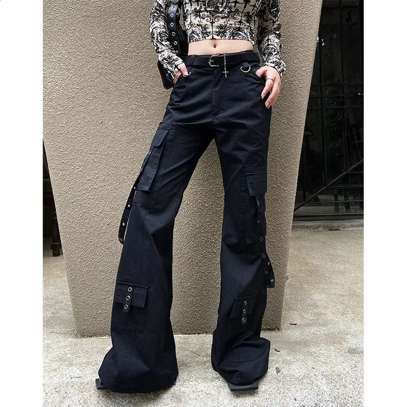 Gothic Flare Pants: Black Cargo Harajuku Y2K 90s Emo Trousers from