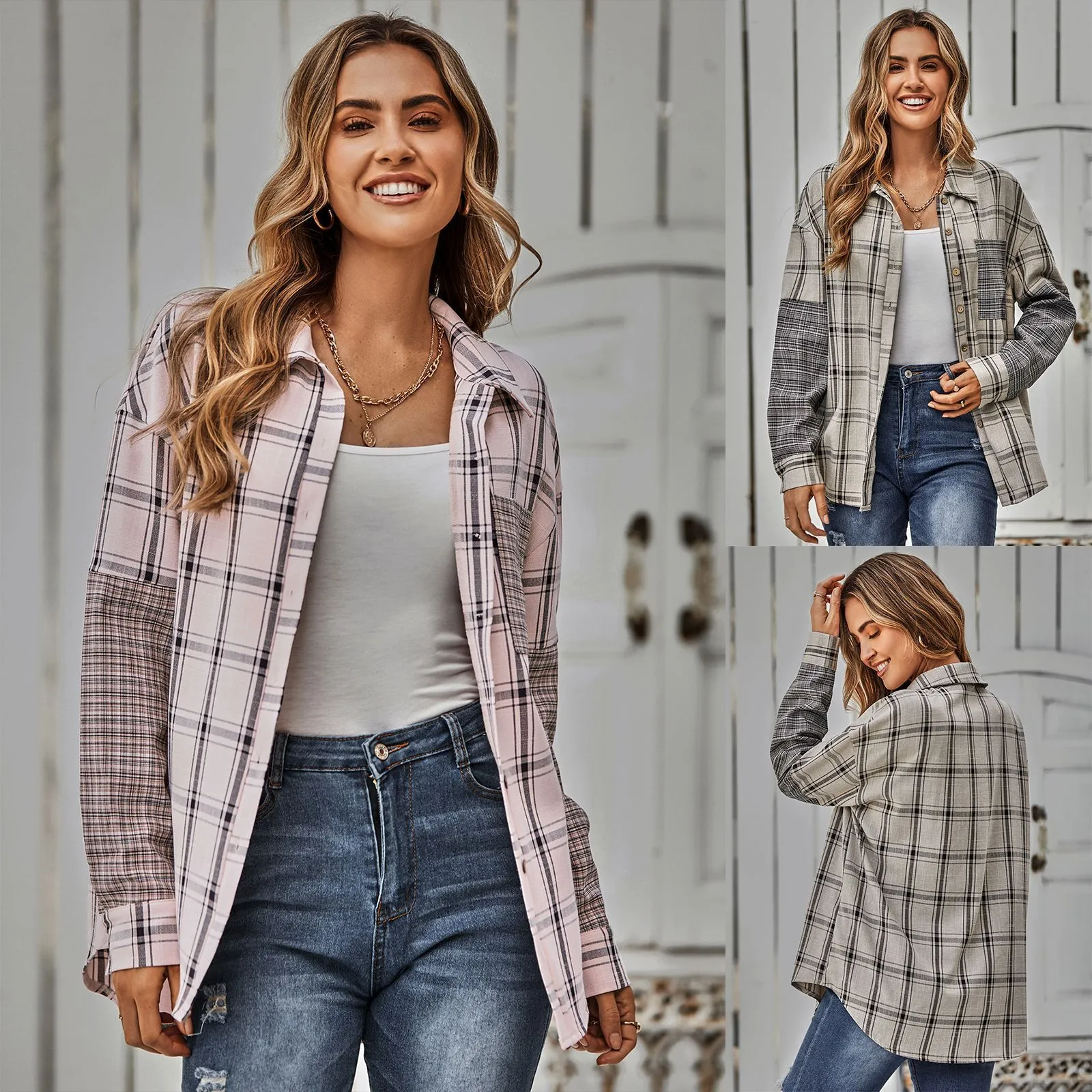 Camisa De Mosaico A Cuadros Para Mujeres Estilo Casual Acogedor De