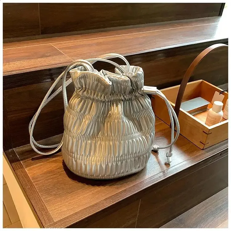 Silver Leather Crossbody Bag: Y2K Drawstring Handbag