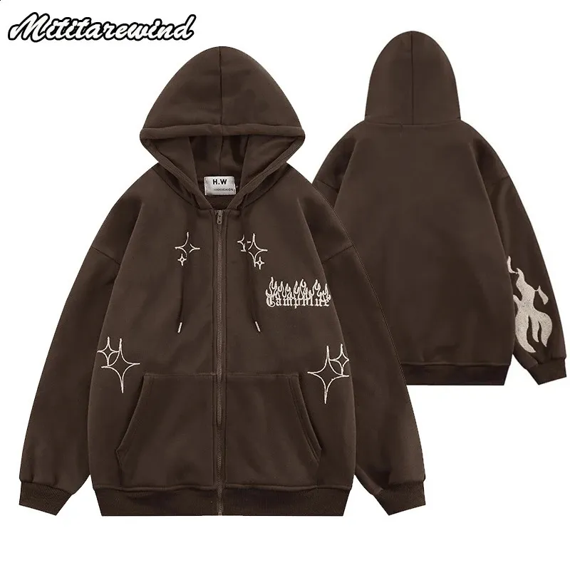 Hip Hop Streetwear Zip Up Hoodies For Men Vintage Y2K Embroidered