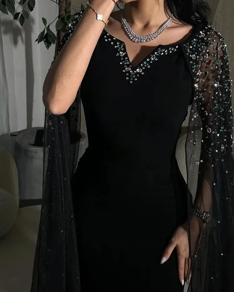 Saudi Arabia Evening Formal Dress V-Neck Cap Sleeve Black Prom Gown with  Beading Crystal Embellishments Floor-Length Tulle Satin from Dhgate Evening  Dresses - price 125.63