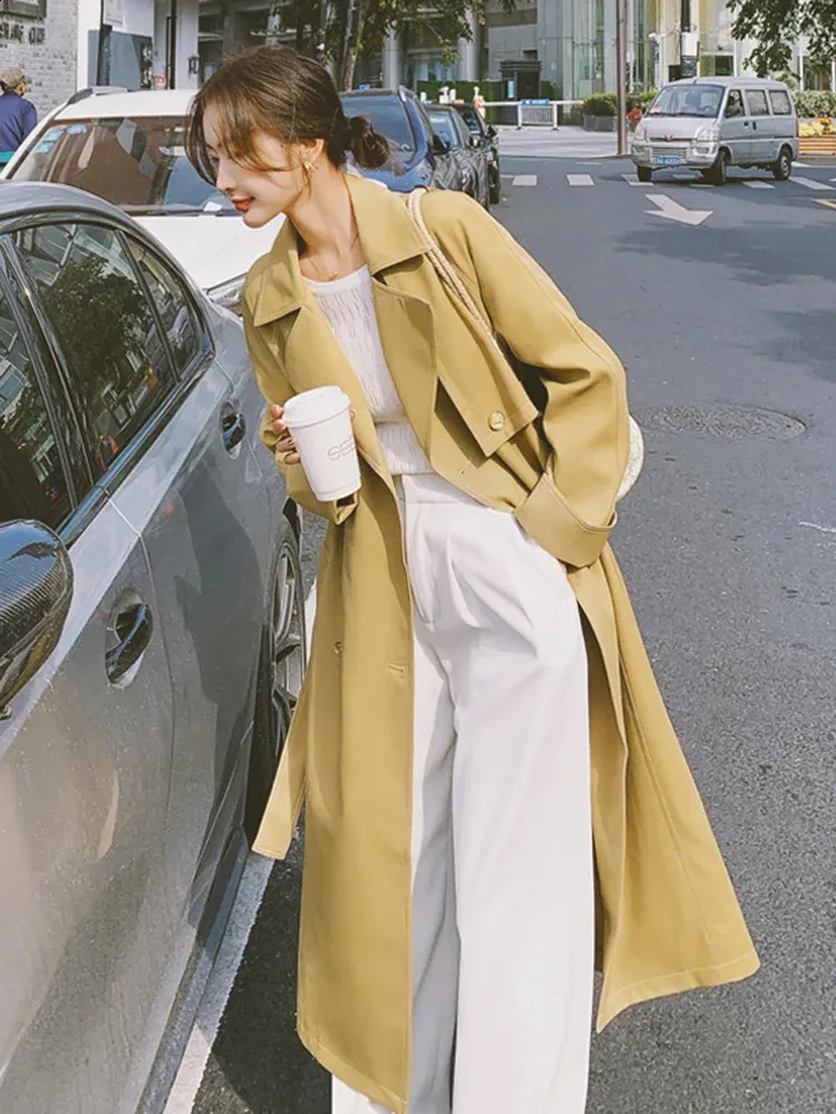 Womens Autumn Yellow Trench Coat Turn Down Collar, Wide Belt, Long