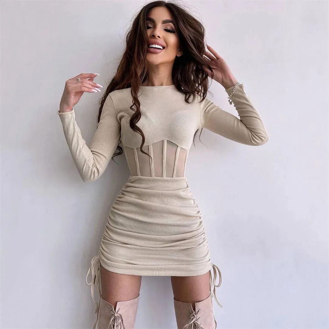 Shirred Mesh Bodycon Dress: Womens Long Sleeve Hollow Out Mini