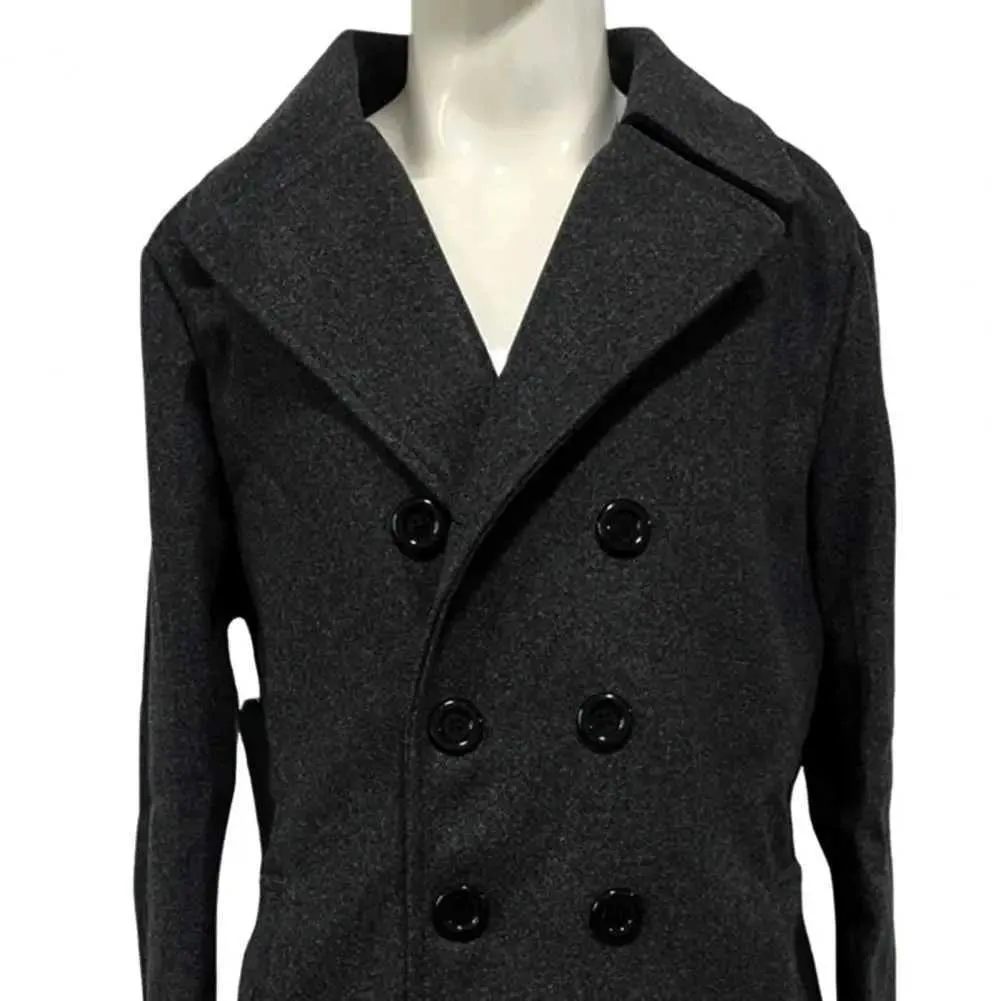 Mens Long Woolen Coat Double Breasted Mid-Length Business Overcoat