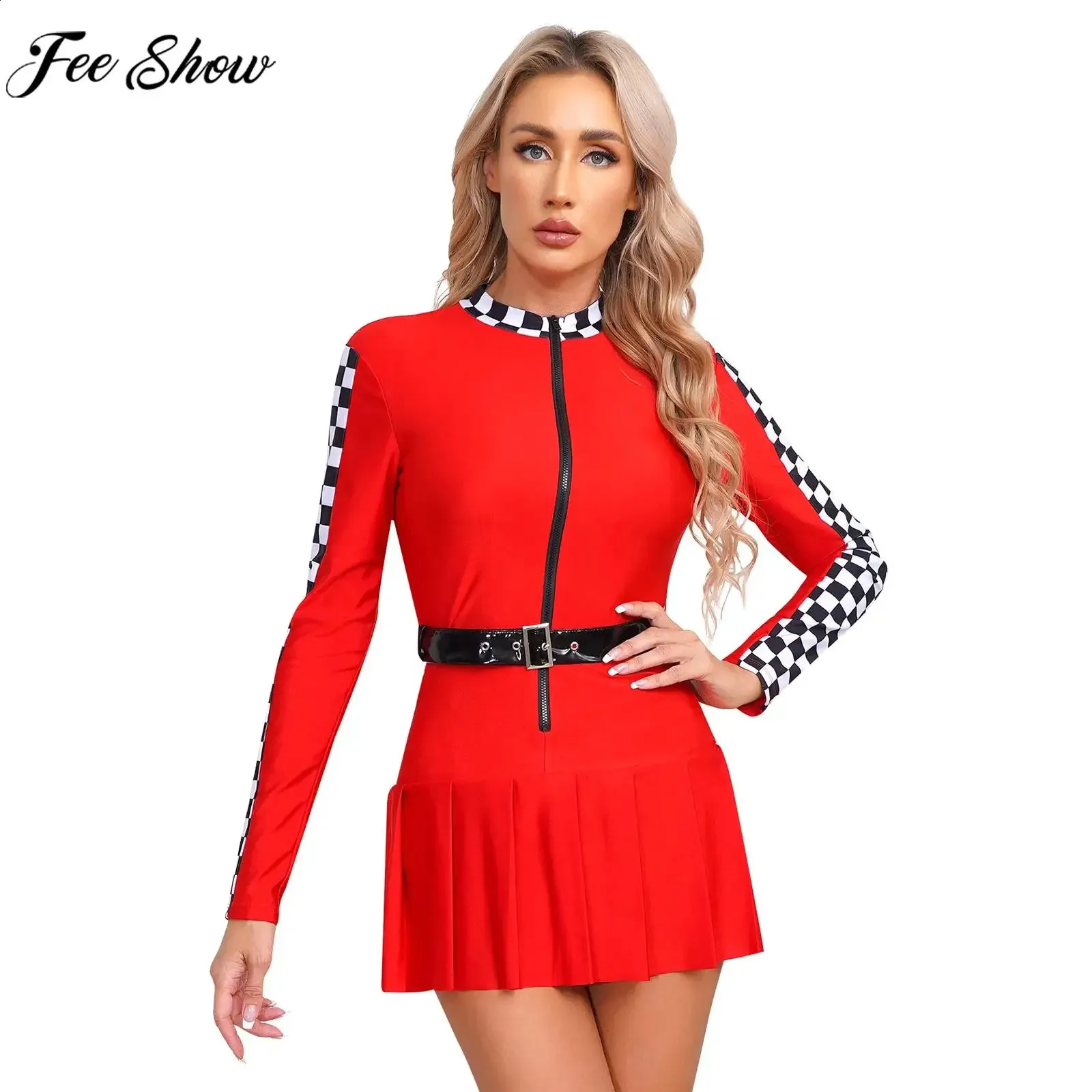 Checkered Racing Gingham Dress for Women with Long Sleeves, Zippered Pleats, and Halloween-Themed Party Roleplaying - W240824 Checkered Racing Gingham Dress for Women with Long Sleeves, Zippered Pleats, and Halloween-Themed Party Roleplaying - W240824