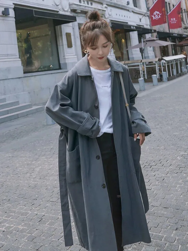 LANMREM Buttons Trench Coat For Women Spring Solid Color Lapel