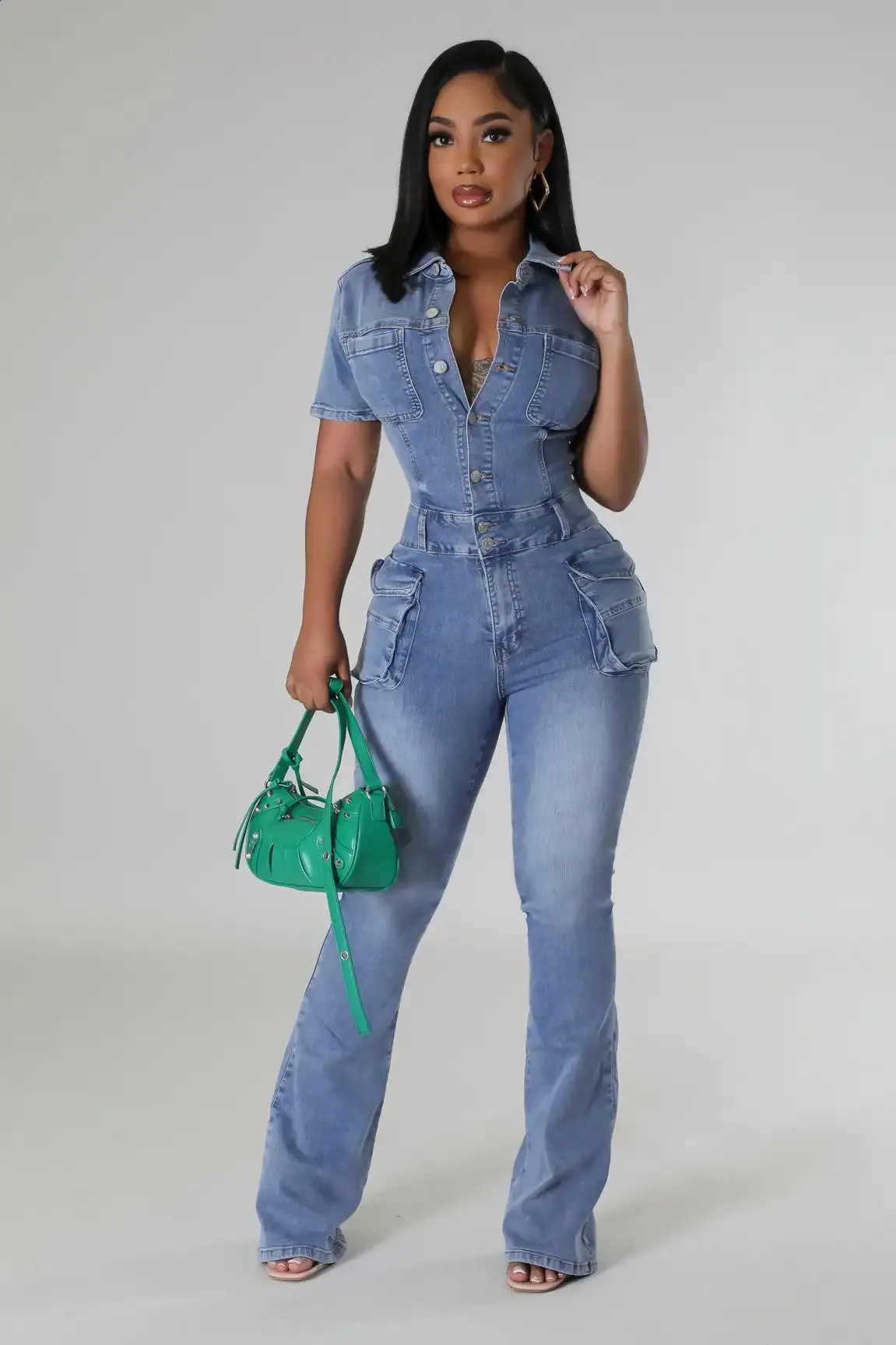 DHgate.com:2024Denim Jumpsuit for Women, Turn-Down Collar