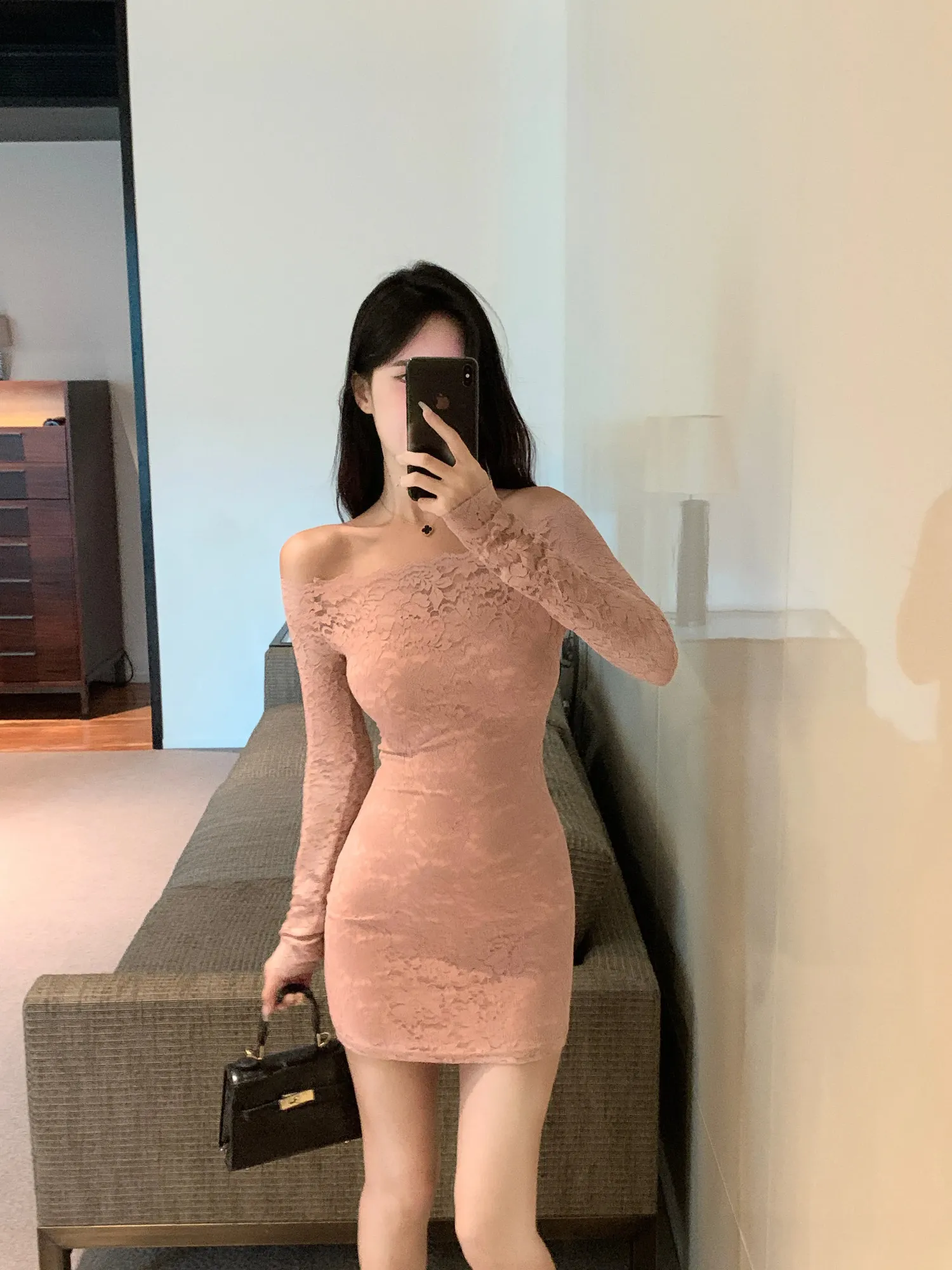 Sexy Pink Lace Bodycon Dress One Neck Long Sleeve... From Sereinstore,  $26.51 | DHgate.Com