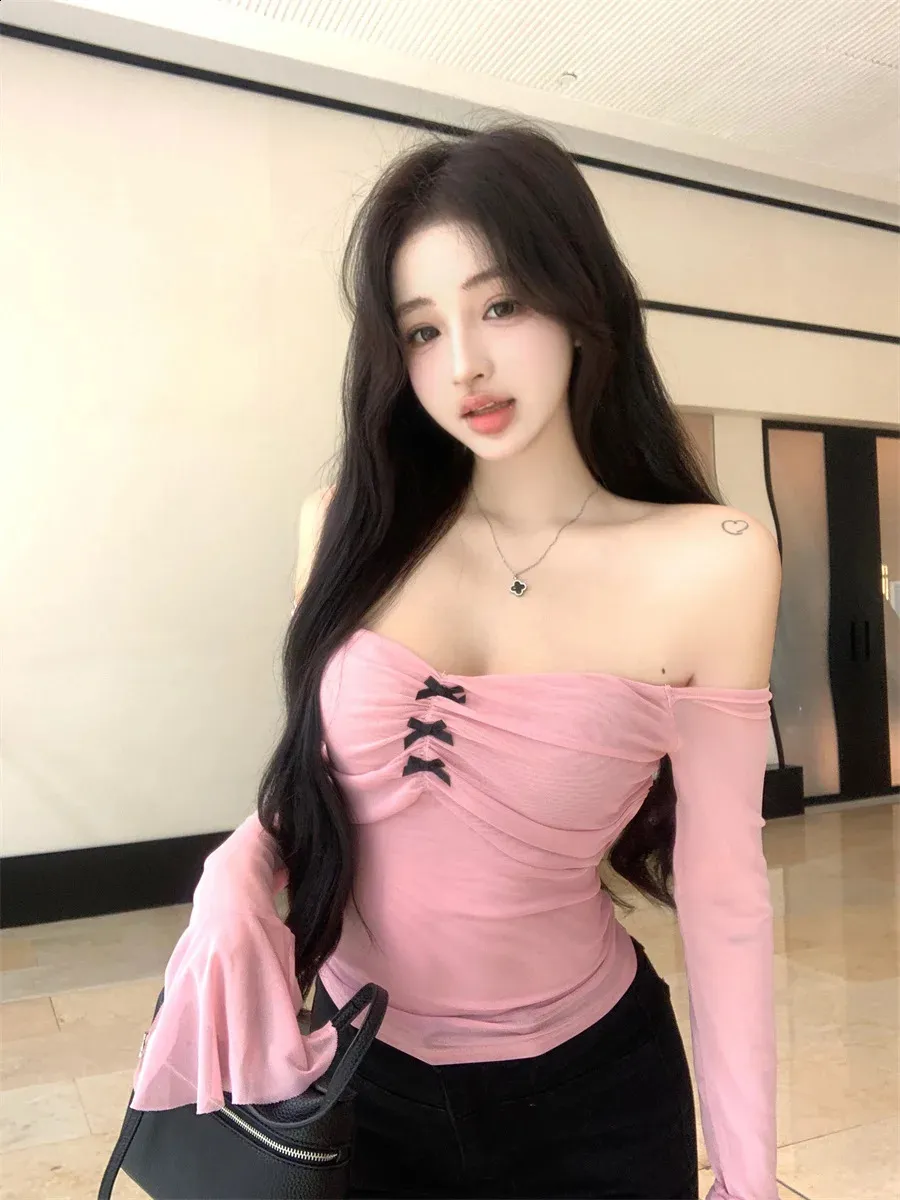 Oversized Off The Shoulder Tee Pink Cropped T Shirt, Korean