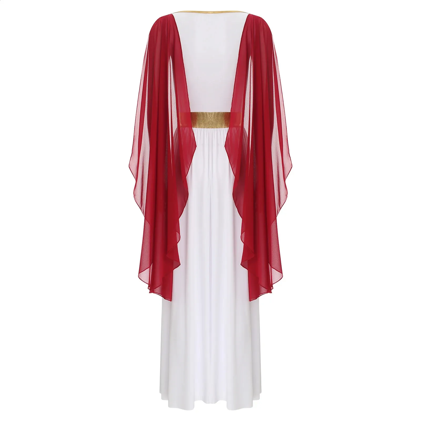 Women's Modern White Maxi Dress with Gold Belt and Draped Sleeves