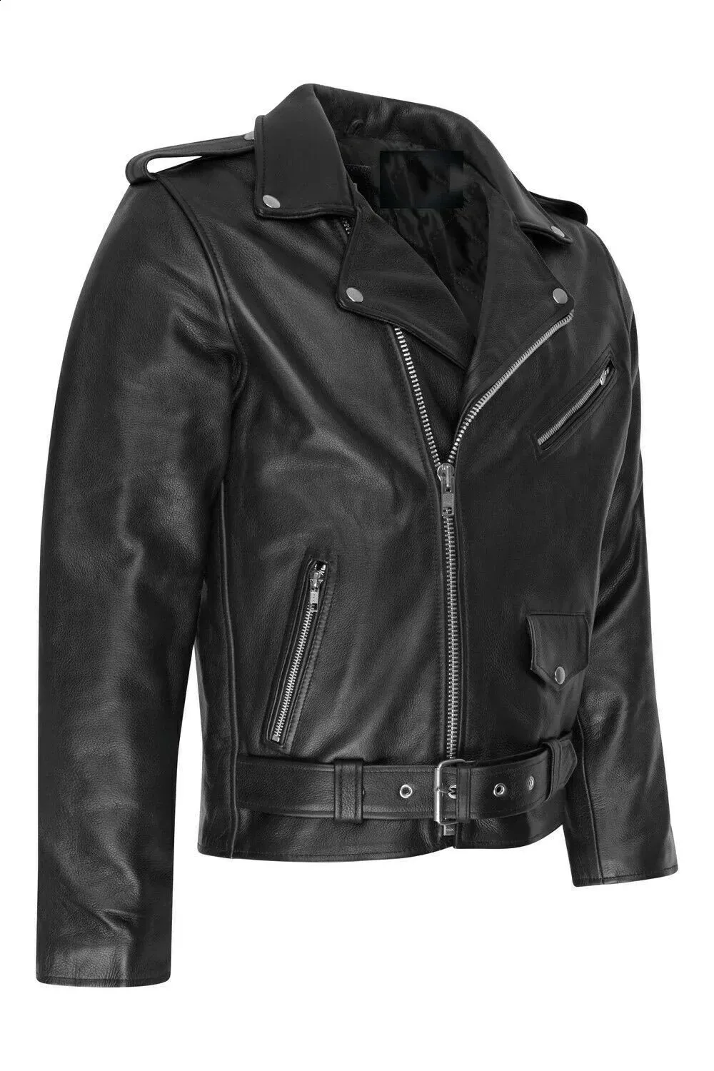Mens Minimalist Genuine Leather Jacket with Oblique Zipper