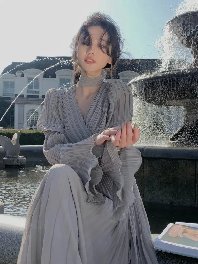 Spring Elegant V Neck Midi Dress Office Lady Long Sleeve Casual