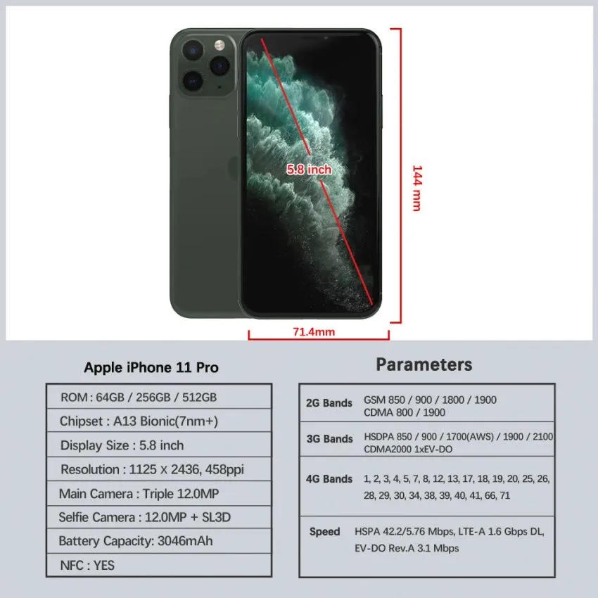 Original Apple IPhone 11 Pro: 64/256GB, 5.8 Hexa Core, IOS