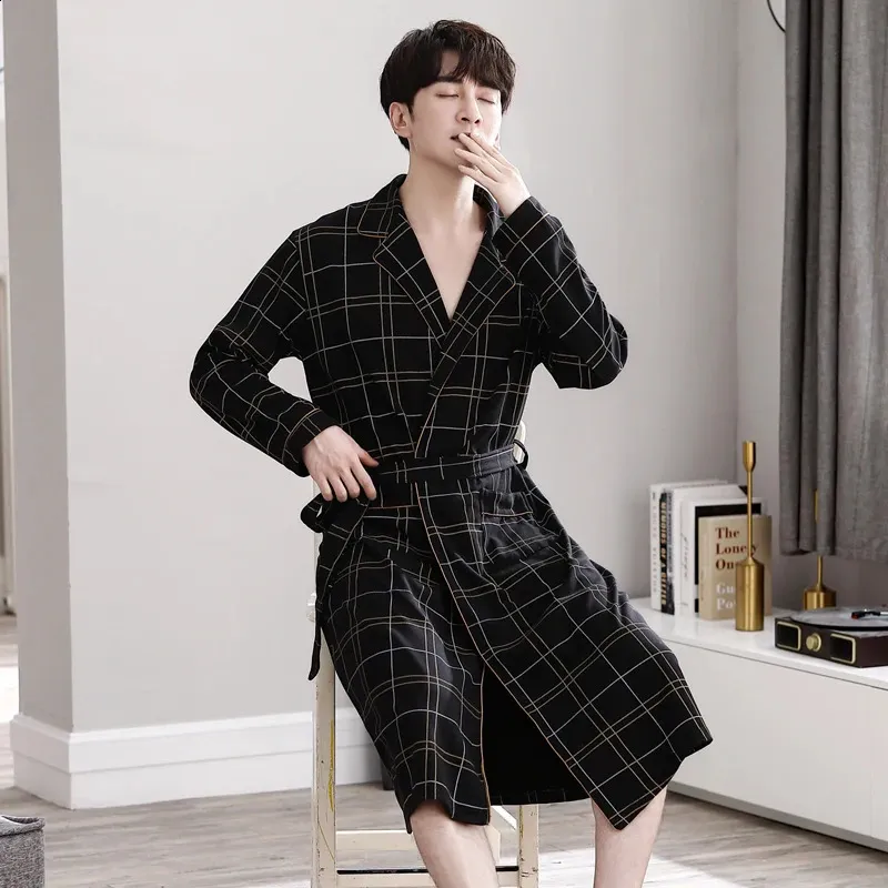 navy blue dress for baby girl Men's Checkered Long Night Kimono Bathrobe - Cotton V-Neck Intimate Lingerie for Spa and Home