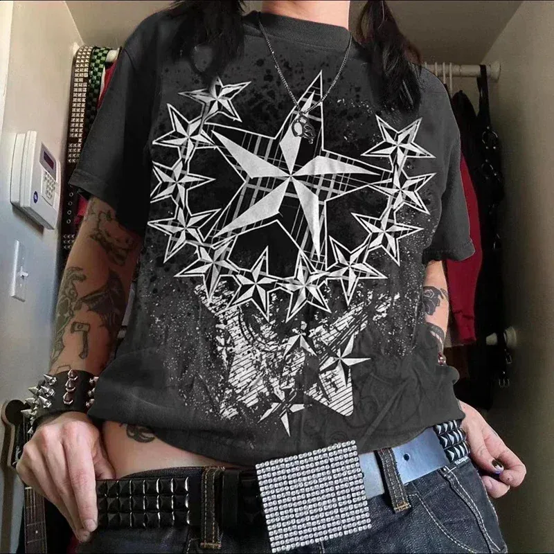Cyber Grunge Clothing Star Print Tee - Retro Y2K Red Top