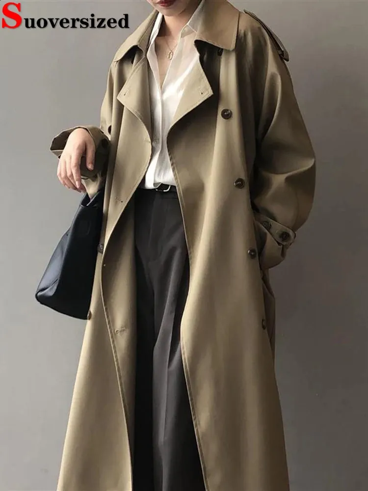 Womens Grey Long Trench Coat: Double-Breasted Gabardine Jacket for