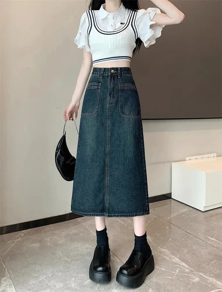 【BAON】Kansoy Denim Long Skirt High Waist Denim Skirt For Women Retro Grey Y2K Long Skirt