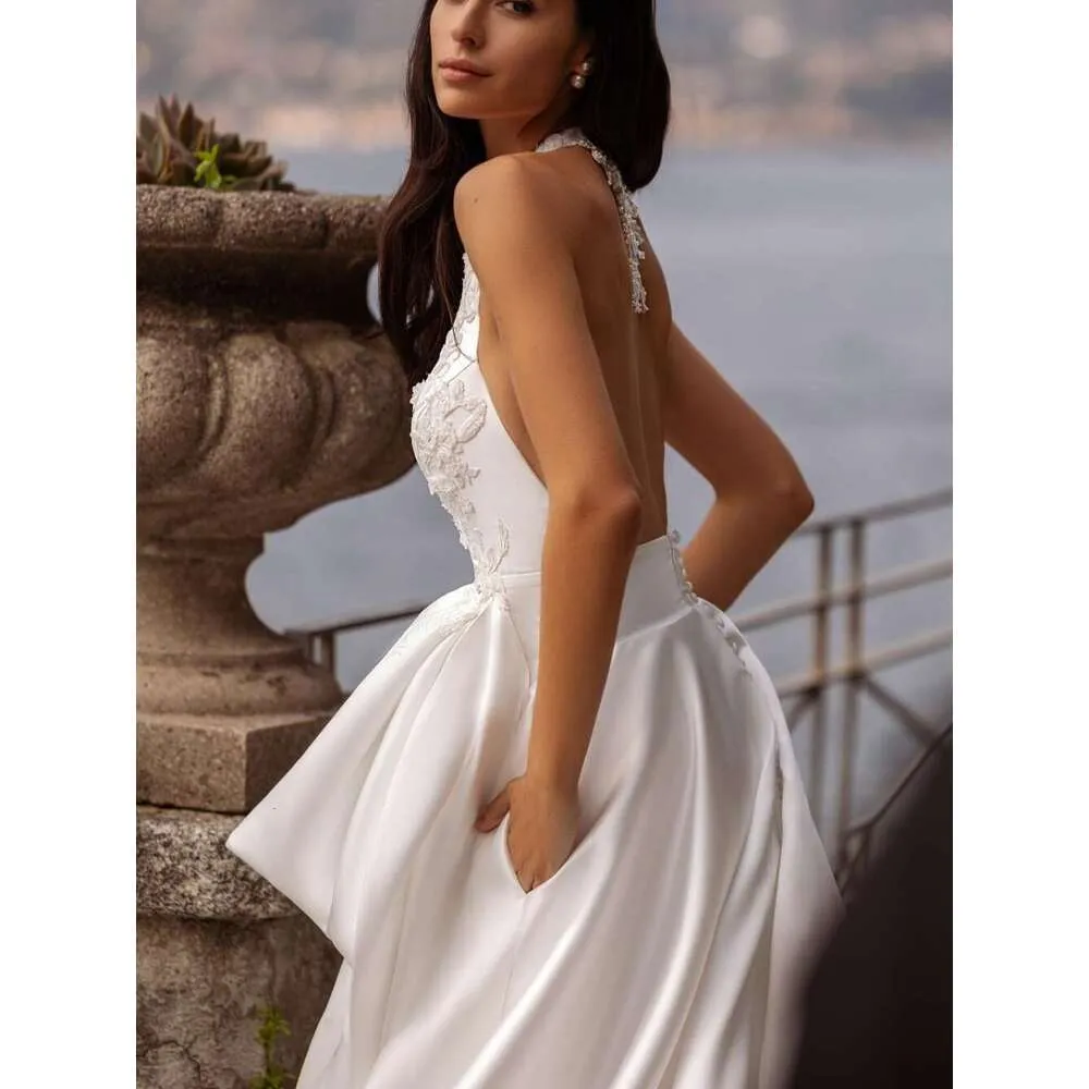 Vintage Halter Backless A-E dress with Elegant Appliques and Or-Length Hemline - Perfect for Weddings and Bridal Parties Vintage Halter Backless A-E dress with Elegant Appliques and Or-Length Hemline - Perfect for Weddings and Bridal Parties
