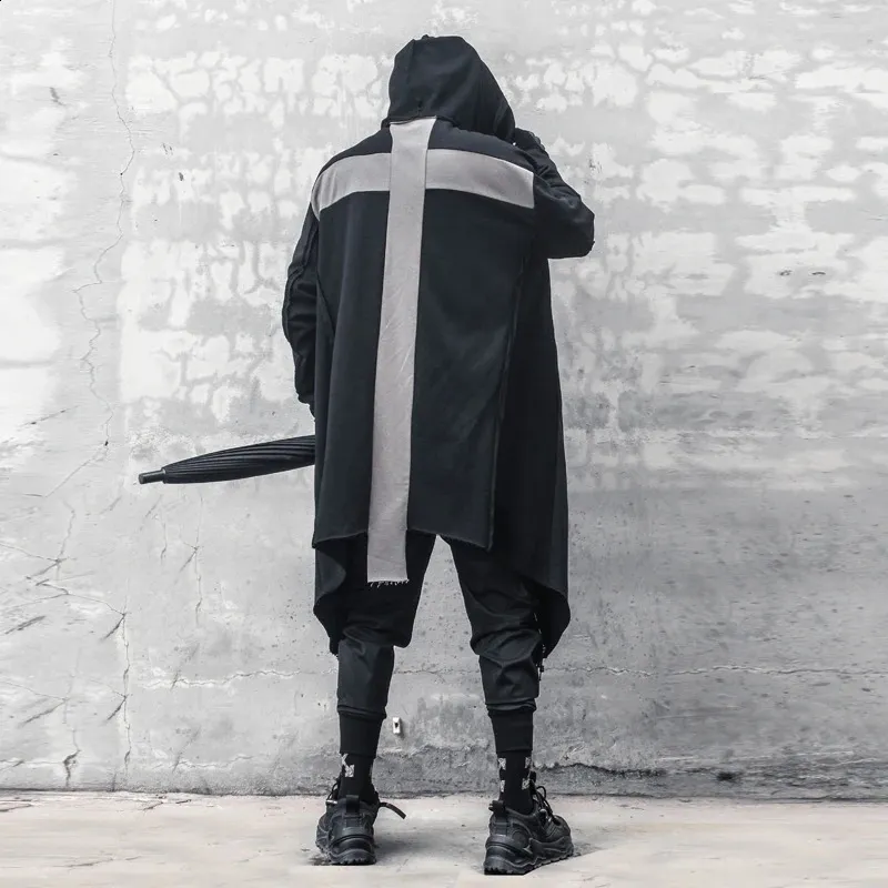 Back Cross Shaped Patchwork Gothic Punk Trench Coat Hooded Cloak