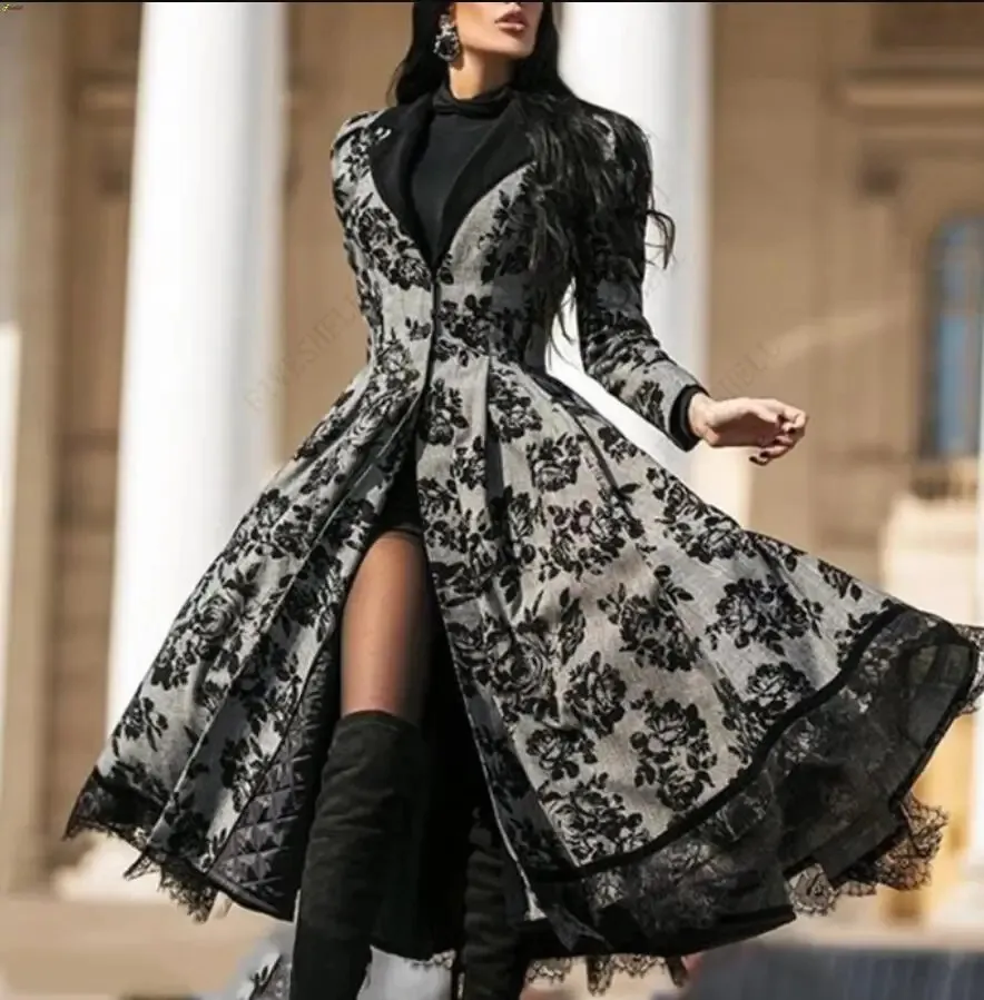 Antique Lace Patchwork A-Line Dress for Women - Elegant Long Sleeved for Autumn/Winter Role-Playing Fancy Dress (BLACK/GRAY) Long Sleeve Black Gothic Dress With Longline Coat Womens, Medieval A Line  Elegant Long Dress For Autumn And Winter, Role Playing Costume From  Domainstore, $32.06 | DHgate.Com