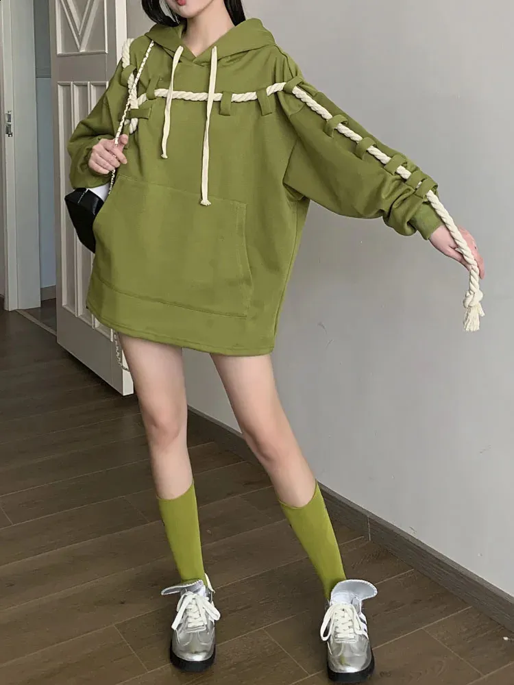 Korean Lime Green Sweatshirt Women's Hoodies For Women Waffle Knit  Long Sleeve Drawstring Hooded Neck