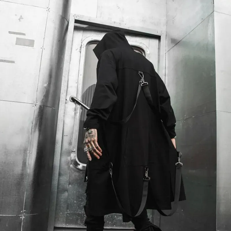 Long Hooded Trench Coat: Spring/Autumn Punk Techwear Jacket