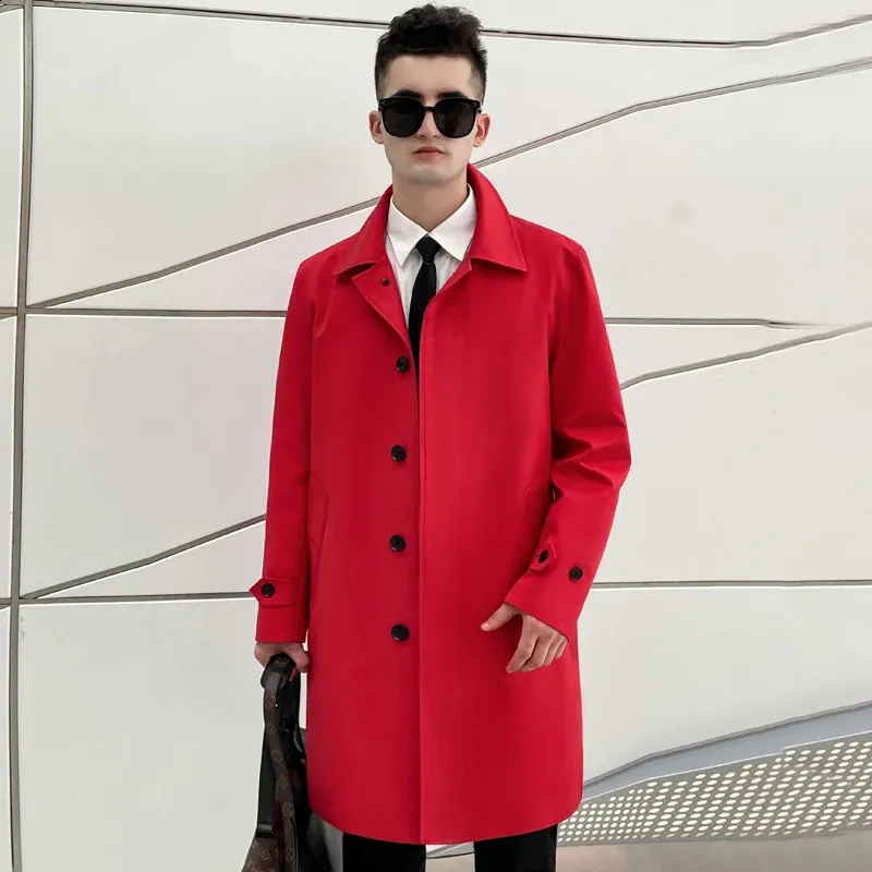 Medium Length Red Trench Coat for Men - Detachable Down Liner