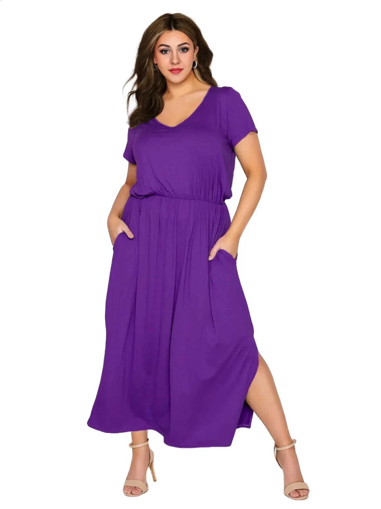 Women's Plus Size 3/4 Sleeve T-Shirt Dress - V-Neck Loose Swing Dress With Pockets, Tie Dye Purple, 5X