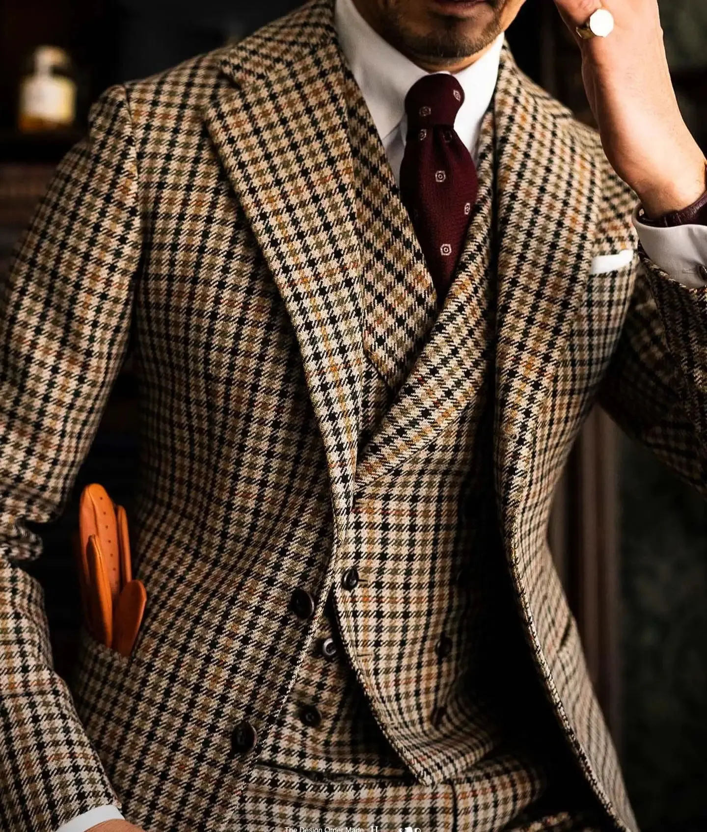 Small Patterned Suits Men's 3-Piece Suit Set: Burgundy, Black, and Green Small Square ...